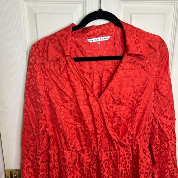 Trina Turk 100% Silk Satin Cheetah Print Red Long Sleeve Dress Size 10 - Picture 2 of 11